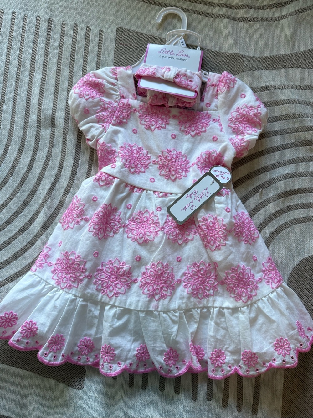 Little Me Cream Dress with Pink Floral Embroidery and Headband